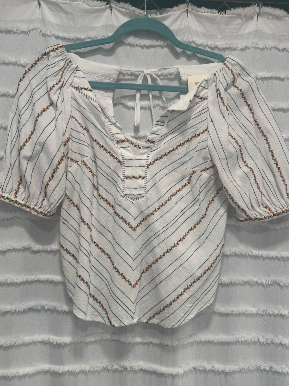 Maeve White Blouse with Navy Stripes and Orange Embroidery